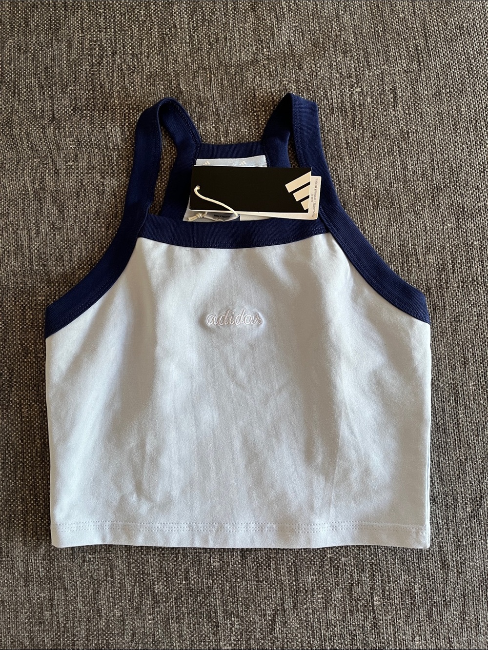 adidas size S White Crop Tank with Navy Trim